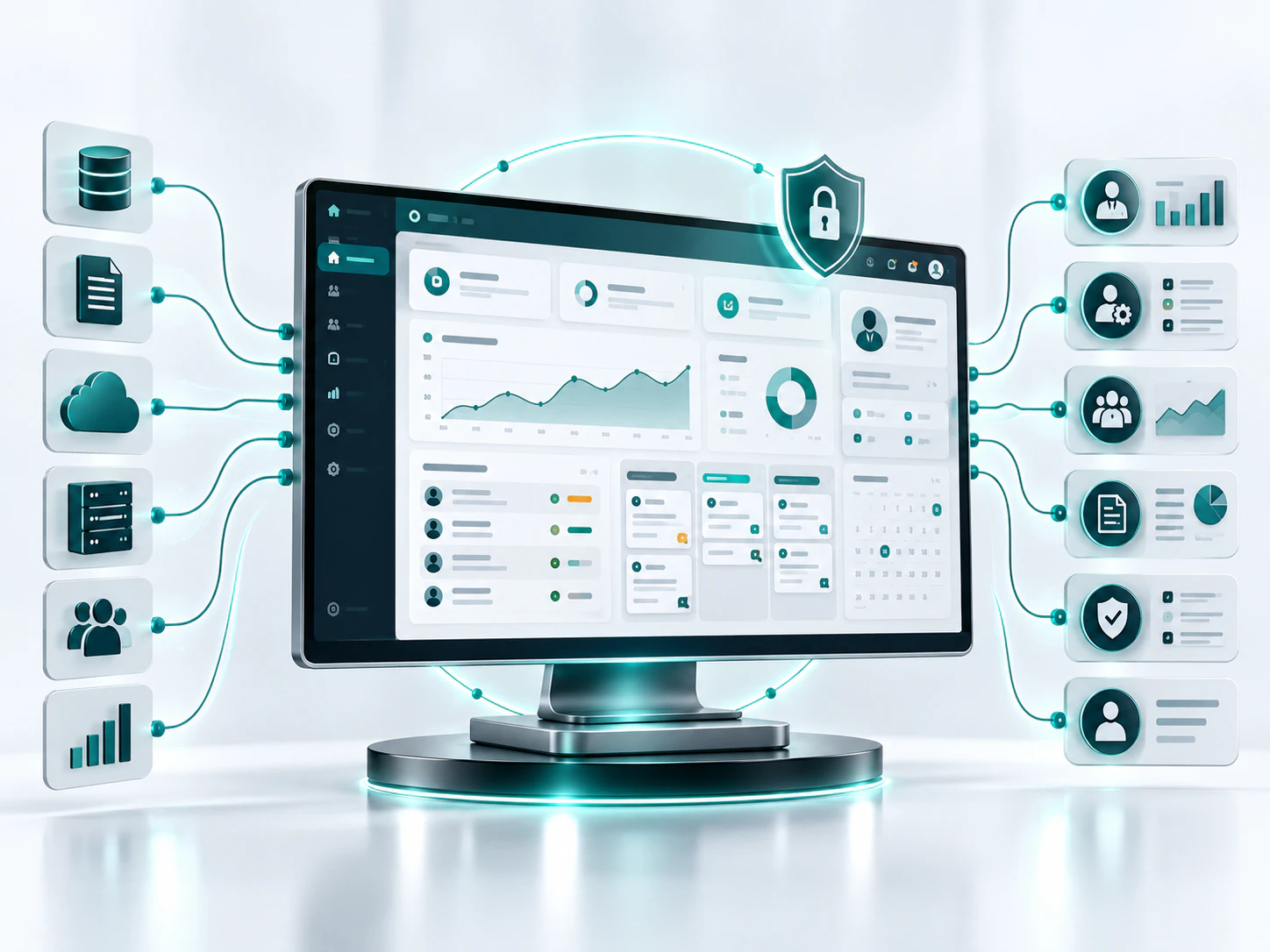 Connected business system architecture linking portals, CRM data, workflows, and reporting visibility